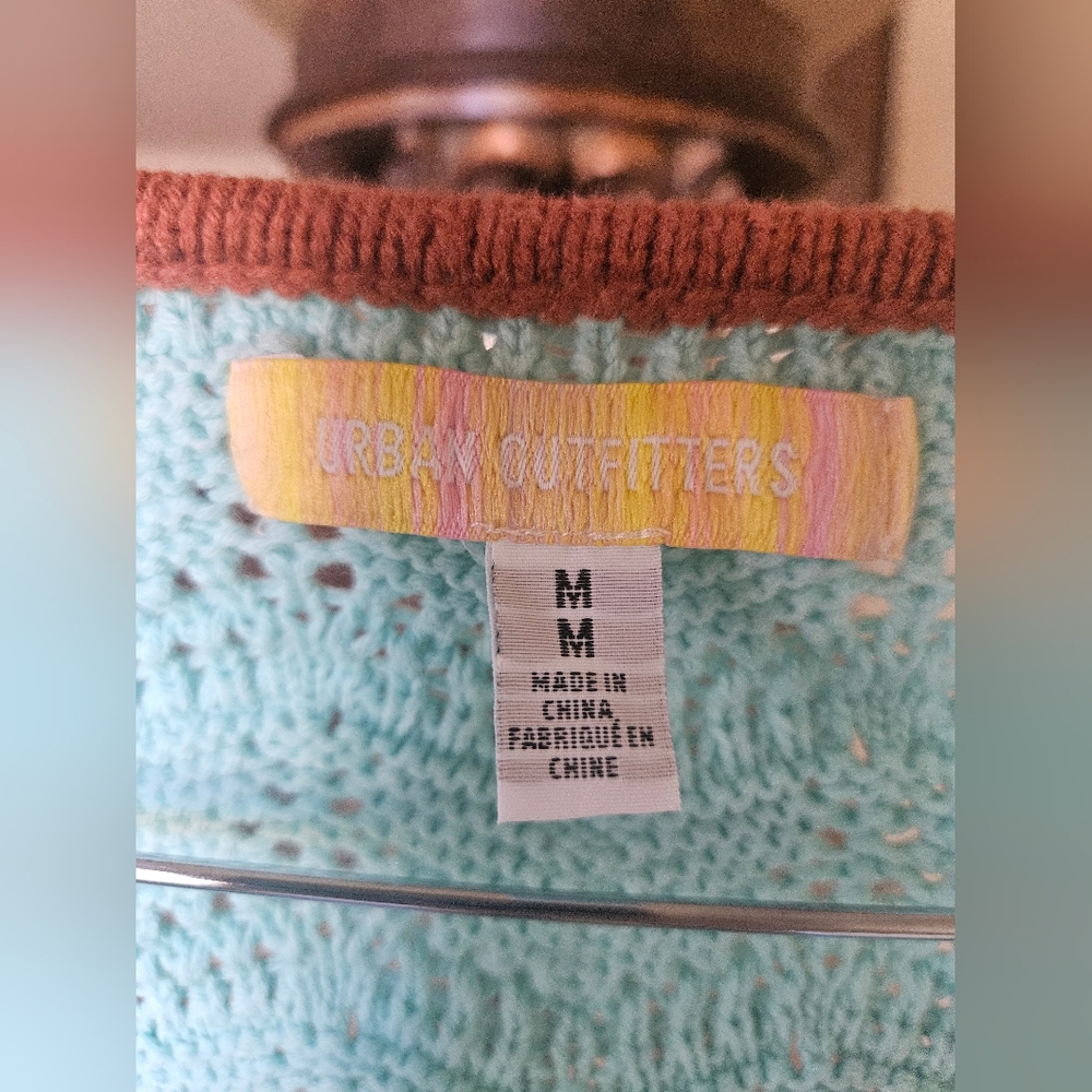 NWOT Urban Outfitters Aqua Open-Knit Sweater with Brown Trim - Picture 7 of 17